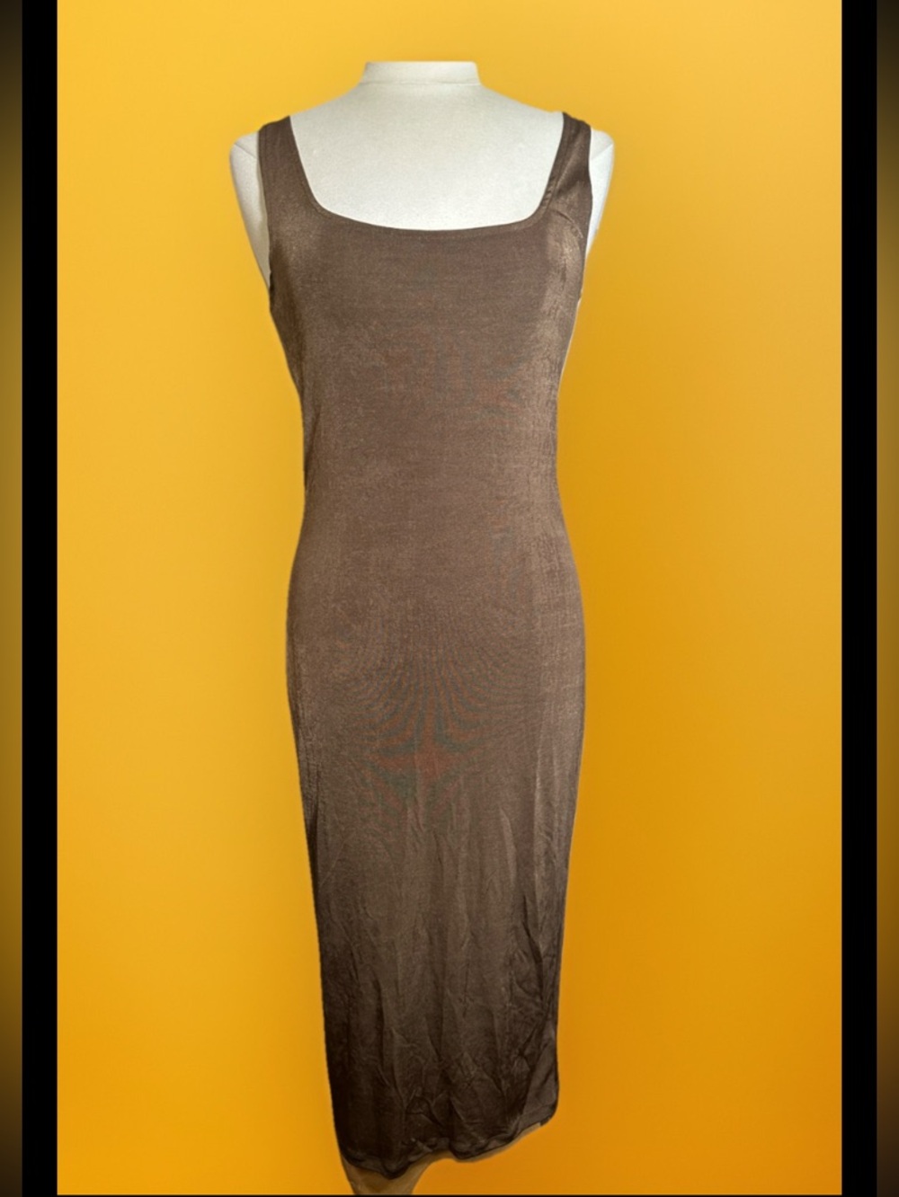 NA-KD Brown Shiny Sheen Square Neck Midi slip tank Dress women’s size Large NEW